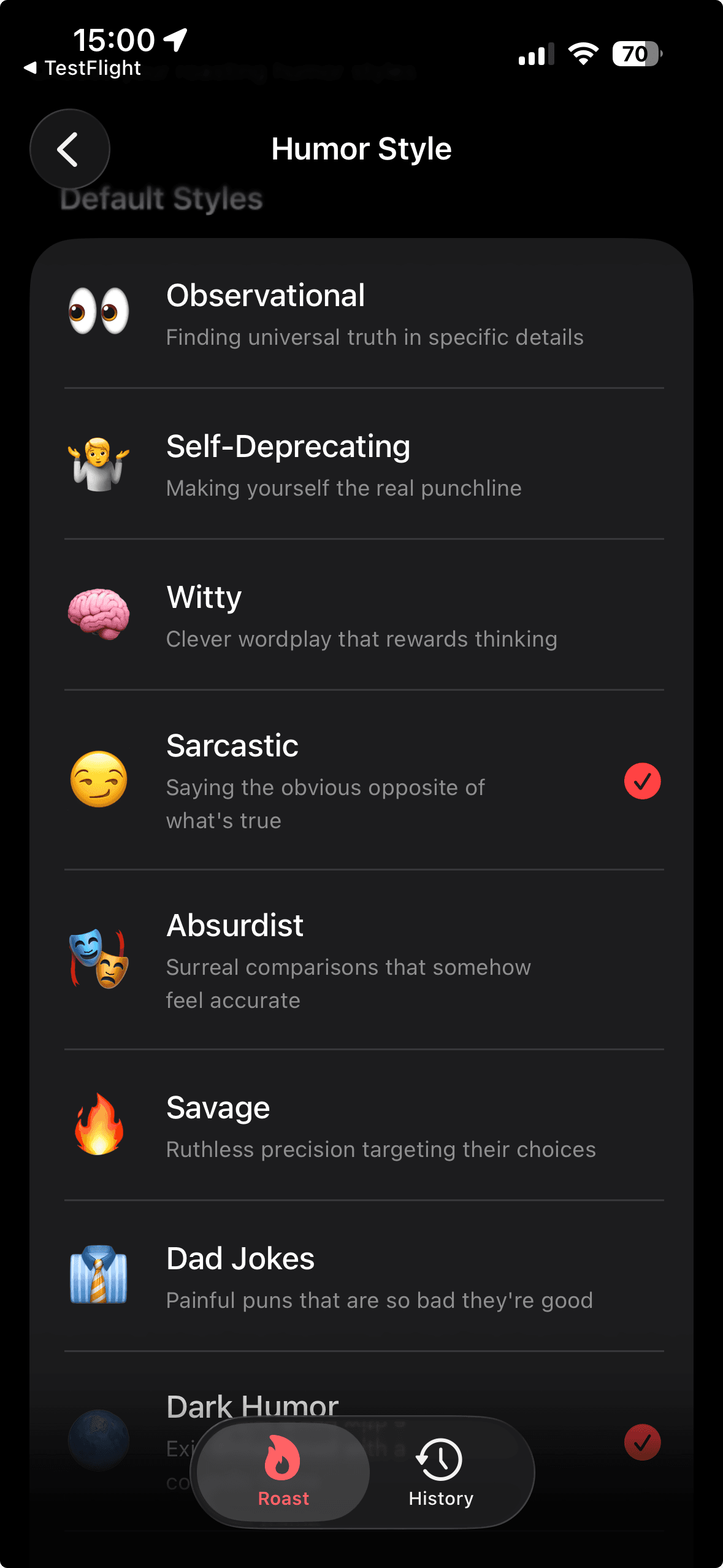 Roasted iOS screen showing different humor style presets